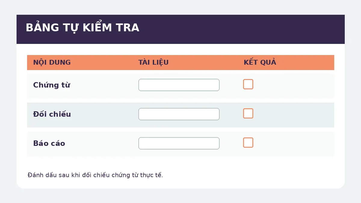 Bảng kiểm chứng từ, đối chiếu và báo cáo cuối tháng