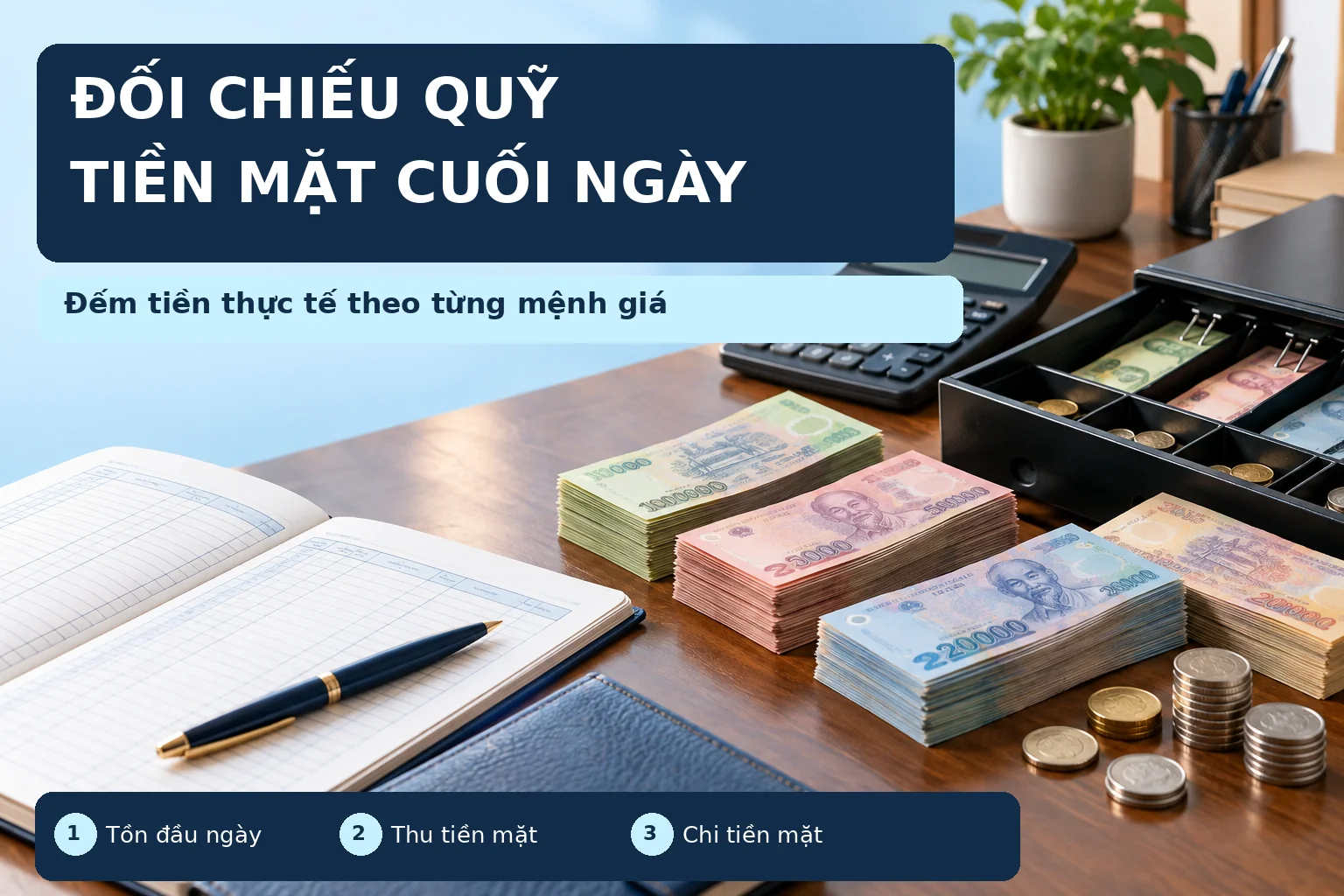 Infographic đối chiếu quỹ tiền mặt cuối ngày và đếm tiền theo mệnh giá